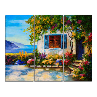 Designart - Sunset Stone Country Cottage - Floral Painting Print