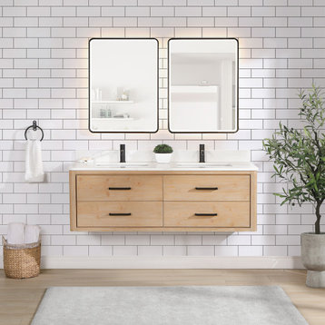 Cristo Floating Bath Vanity With Stone Top, Fir Wood Brown, 60in., With Mirror