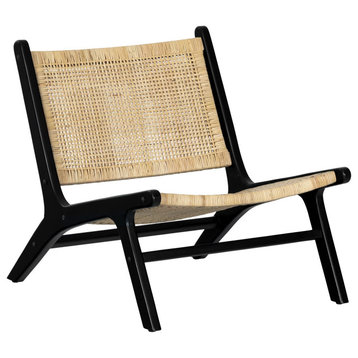 Bohemian Accent Chair, Teak Wooden Frame With Woven Rattan Seat, Natural/Black