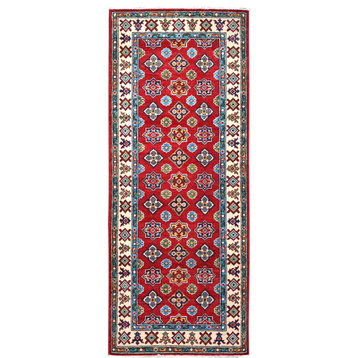 Lychee Red, Hand Knotted Kazak, All Over Geometric Design Rug 2'7"x6'7"