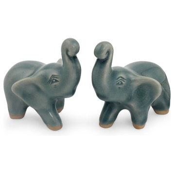 Lucky Blue Elephants Celadon Ceramic Figurines, Set of 2