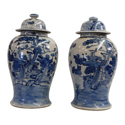 Pair Blue & White Flower Birds Porcelain General Jars Hgj28 - Decorative Objects And Figurines