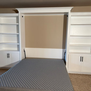 Custom Vertical Queen Murphy Bed, Featuring Open Shelving and Cabinet Storage On