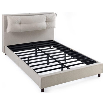 Modern Platform Bed, Metal Base and Headboard With Reclining Pillows, Beige, Full