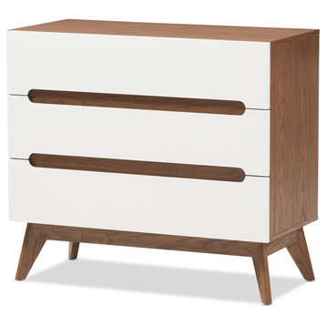 Calypso Mid-Century Modern White and Walnut Wood 3-Drawer Storage Chest