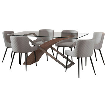 7-Piece Dining Set, Walnut Table With Black and Gray Chair