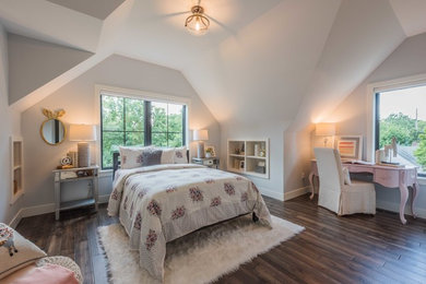 Example of a mid-sized country girl dark wood floor and brown floor kids' room design in Minneapolis with gray walls