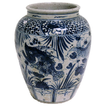 Reverse Blue and White Porcelain Fish Motif Flower Vase 12"