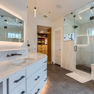 Modern Spa-Inspired Primary Bathroom with Custom Lighting and Views
