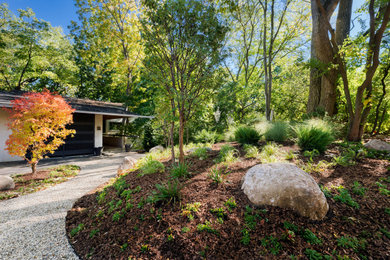 Photo of a mid-sized contemporary drought-tolerant and partial sun front yard decomposed granite garden path in Detroit for fall.