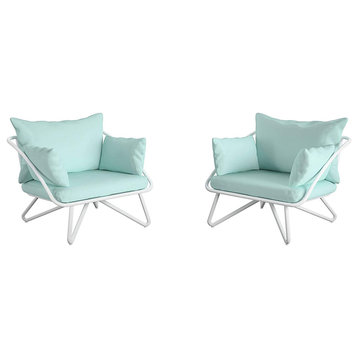 Set of 2 Outdoor Lounge Chair, Geometric Frame With Cushioned Seat, Aqua Haze