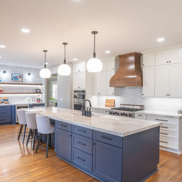 Porcelain Island Kitchen Remodel with Custom Built-Ins + Fireplace Feature