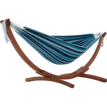Double Cotton 8 Foot Hammock With Solid Pine Arc Stand, Blue Lagoon