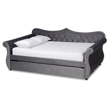 Bowery Hill Traditional Velvet Crystal Tufted Queen Daybed with Trundle in Gray