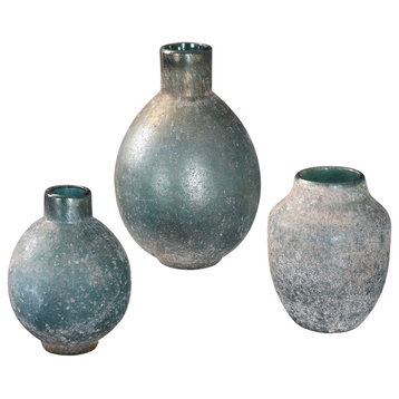 Set of 3 Rustic Blue Green Glass Bottle Vases, Aqua Group Small Bud Flower