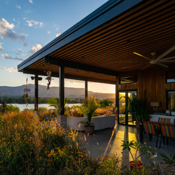 Patio covered by extended shed roof