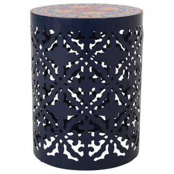 Will Indoor Lace Cut Side Table With Tile Top, Dark Blue, Multi-Color
