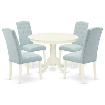 5Pc Dining Set, Round Table, Four Parson Chairs, Baby Blue Fabric, Linen White