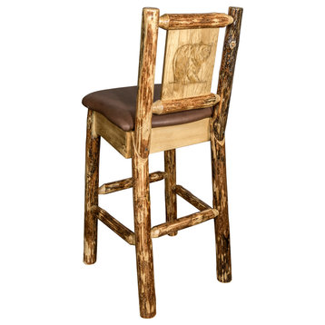 Glacier Country Collection Barstool, W/ Laser Engraved Bear, Saddle Upholstery
