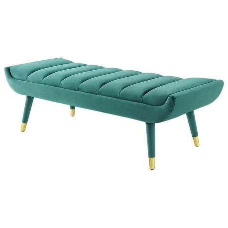 Channel Tufted Velvet Accent Bench with Angled Metal Legs, Contemporary Design, Teal