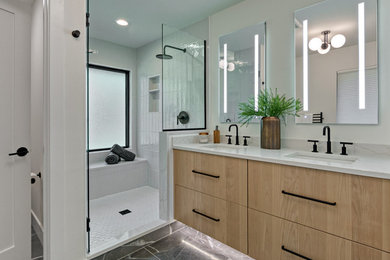Inspiration for a small contemporary ceramic tile, gray floor and double-sink bathroom remodel in Minneapolis with flat-panel cabinets, brown cabinets, a one-piece toilet, an undermount sink, quartz countertops, white countertops and a built-in vanity