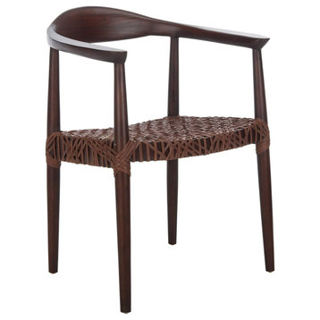 Coastal Accent Chair, Sungkai Wood Frame With Woven Leather Seat, Walnut/Brown