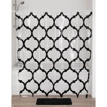 Transparent PEVA Shower Curtain Printed Design 71"x71", Black Arabesque