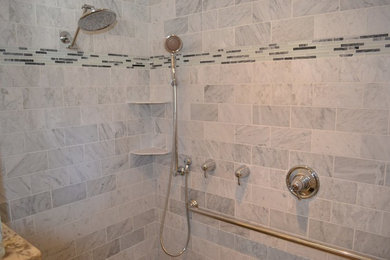 Walk-in shower - mid-sized traditional master gray tile and subway tile walk-in shower idea in Kansas City