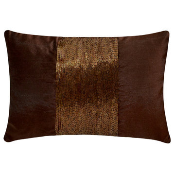 Brown Silk 12"x20" Lumbar Pillow Cover Beaded Brown Center