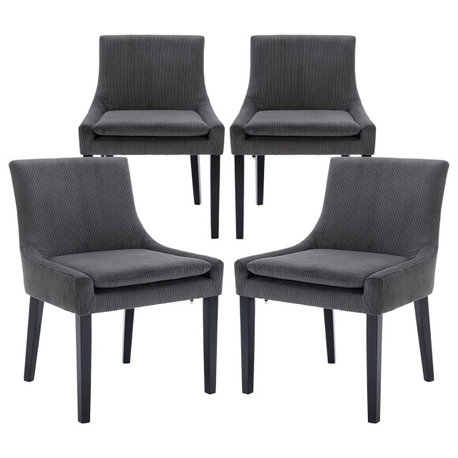 Set of 4 Modern Dining Chairs, Upholstered Corduroy with Wood Legs, Dark Grey