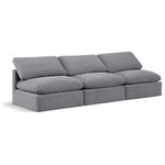 Meridian Furniture - Indulge Upholstered Modular Sofa, Grey, 3-Piece: 3 Armless Chair, Down Stuffed Velvet - Experience ultimate comfort and style with our grey velvet Indulge Sofa. The luxurious velvet will elevate the aesthetic of any room. This sofa provides ample space for you to relax while its modular build offers the option of unlimited configurations. Whether you're looking to add a stylish element to your living room or a comfortable seating option to your bedroom, this sofa is the perfect choice.