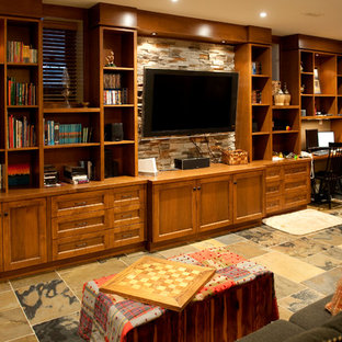 Inspiration for a classic look-out basement in Toronto with no fireplace, ceramic flooring, brown walls and multi-coloured floors.