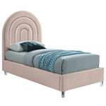 Meridian Furniture - Rainbow Velvet Upholstered Bed, Pink, Twin - There's a lot to fall in love with when it comes to this Rainbow twin-size velvet bed. This stunning bed is fit for an MVP with its rich pink velvet upholstery covering the headboard, side rails and foot board. This bed rests on thick white acrylic legs for added support and features deep channeled tufting on the headboard for a textural look that's dramatic and elegant all at once.