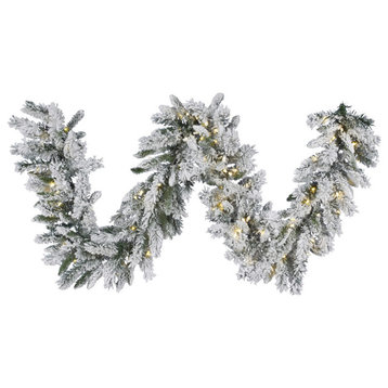 Vickerman 16"x9' Flocked Snow Ridge Garland, Warm White LED Lights