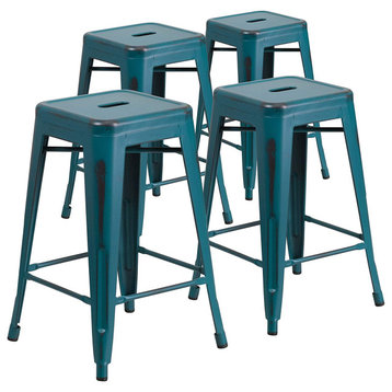 Set of 4 Counter Stool, Backless Design With Square Seat, Distressed Blue Teal