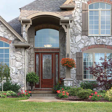 Rich Mahogany-Style Fiberglass Entry Door with Beige Vinyl Windows and Trim