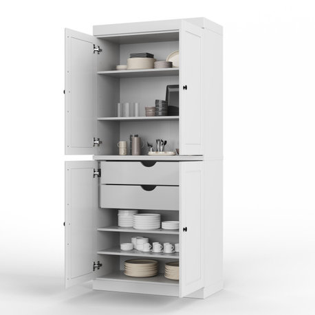100% Solid Wood 32" Kitchen Pantry with Solid Doors, 2-Drawers, White