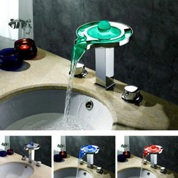 Contemporary Color Changing LED Waterfall Widespread Bathroom Sink Faucet - T800 - Bathroom Sink Faucets