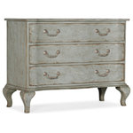 Hooker Furniture - Alfresco Vecchia 3-Drawer Chest - In a graceful silhouette with relaxed European provincial styling distinguished by cabriole legs and architectural bail pull hardware in hand-hammered Florentine gold color, the Vecchia Chest is focal-point worthy. The Gustavian Blue finish is in a serene light blue with scraping that reveals neutral undertones from the Oak Veneer wood construction. Featuring a solid-wood top, the drawers have self-closing undermounted drawer guides.