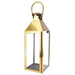 Serene Spaces Living - Square Stainless Steel Lantern, in 3 Sizes & 2 Colors, Gold, Large - Simplicity at its best, the square shape and soft brushed gold finish gives the lantern a vintage feel, whereas, clear glass panes and simple latches keep it looking minimal and modern making it perfect for various décor styles like modern, vintage, rustic, beach, or farmhouse. Each lantern is solidly constructed of stainless steel and tempered glass and narrows at the crown top to a looped handle. Works well both indoor and outdoor in dry conditions. Place a 3" Diameter by 9" Tall candle of your choice inside the lantern to illuminate your space in a soft and serene glow. Or fill it with a collection of beautiful things to create a stunning display. Use them to line your wedding aisle, decorate stairs, create a centerpiece for parties, display on a countertop or coffee table, or light up your outdoor space with flickering light. Pair different sizes together for extra flair. Sold individually, the lantern measures 7.5" Diameter & 20.75" Tall. You can count on quality, design, and manufacturing when you order from Serene Spaces Living products, where we curate everything with love.