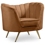 Meridian Furniture - Margo Velvet Upholstered Set, Saddle, Chair - Lean back and lounge in luxurious style on this stunning Margo saddle velvet chair by Meridian Furniture. This contemporary chair features plush velvet upholstery that is both classy and sumptuous against your skin, a single seat cushion and rounded arms that curve into a low, rounded back, creating a perfect, modern piece for your home. Gold stainless steel legs support this sofa and provide stunning contrast to the chair's plush, saddle fabric.