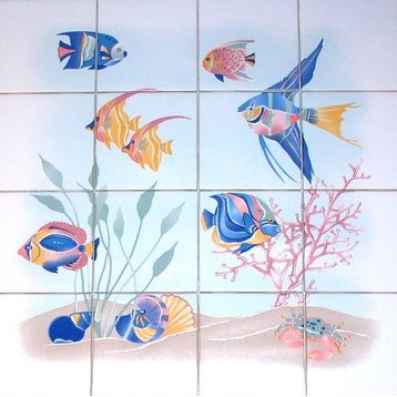 Blue Fish Kiln Fired Ceramic Tile Mural Backsplash Nautical, 16-Piece Set