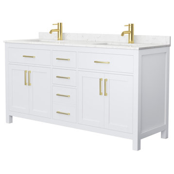 Beckett 66" Double Vanity, White, Carrara Cultured Marble Top, Gold Trim