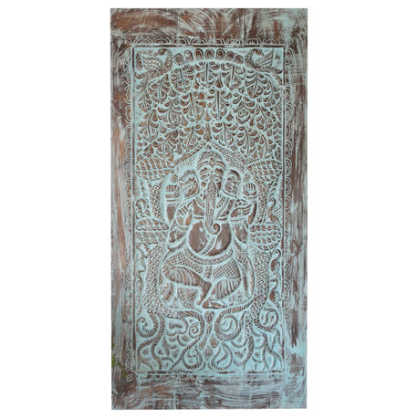 Consigned Ganesha Barn door, Tree of life Ganesh, Handcarved Blue Ganesh Door