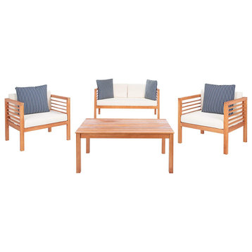 4 Piece Patio Set, Eucalyptus Frame & Cushioned Seat With Pillows, Natural/Beige