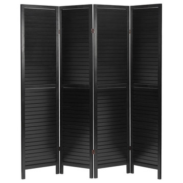 Classic Room Divider, Pine Wood Frame With Louvered Screens, Black, 4 Panels