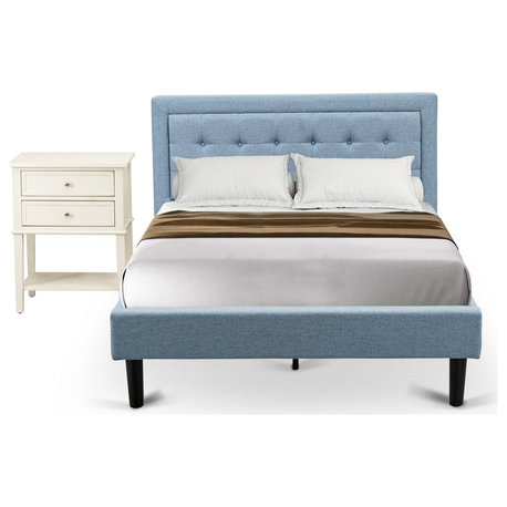 2Pc Platform Full Size Bedroom Set, 1 Bed, Bedroom Nightstand, Denim Blue