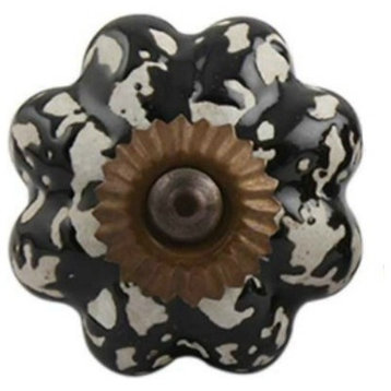 Set of Four Black and White Etched Ceramic Drawer Knobs