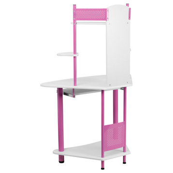 Corner Computer Desk with Hutch, Pink, White
