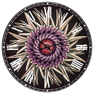 Purple Abstract 3D Flower On Black Flowers Metal Clock, 36x36